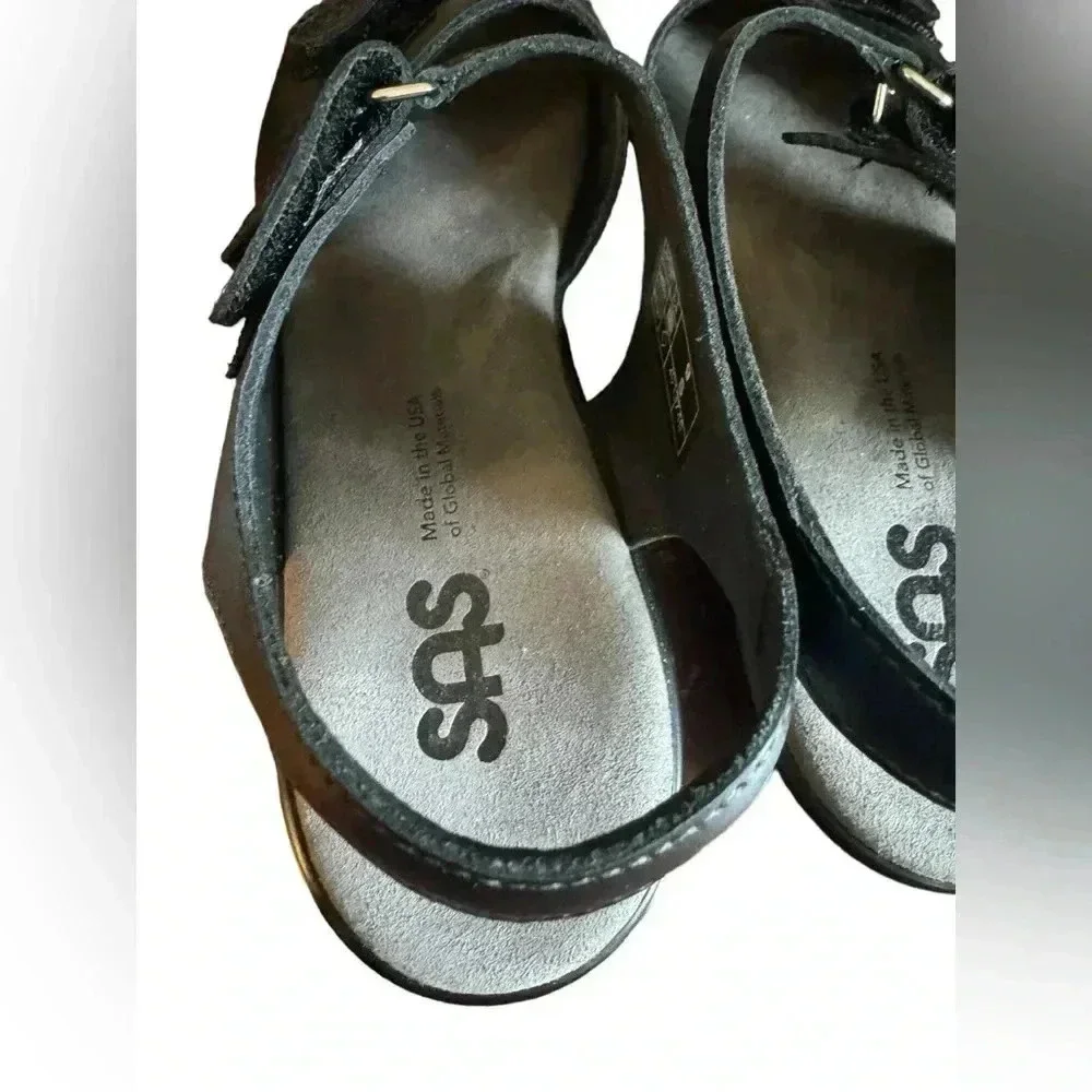 SAS Black Sandals Work Shoes Comfort Adjustable Leather Heels Extra Toe Room